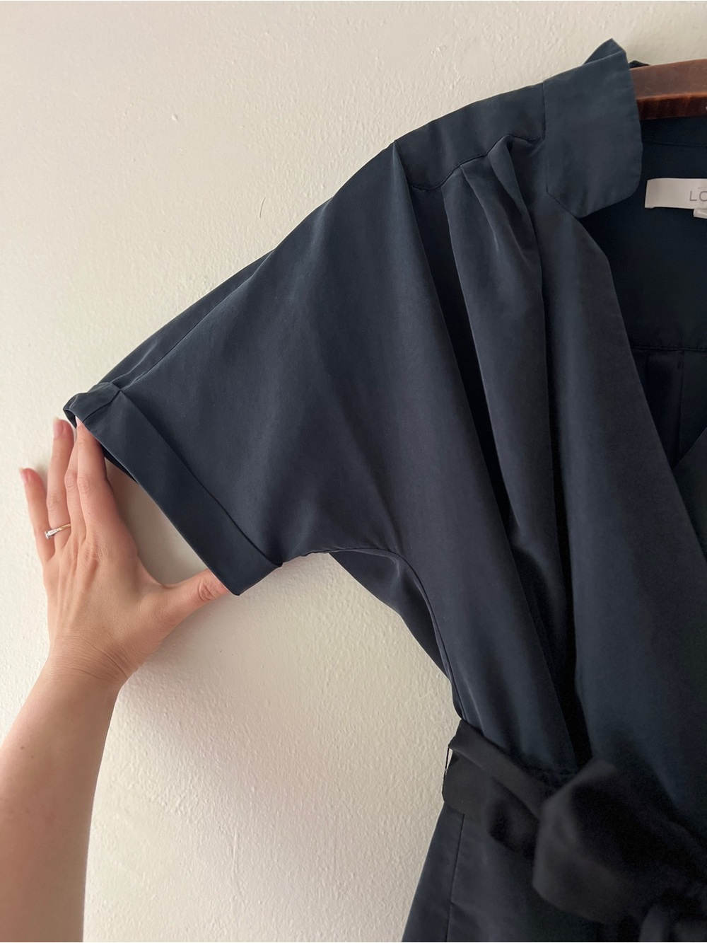 Buttery Soft Pleated Deep Muted Blue Wrap Dress with Tie Waist - Picture 10 of 15